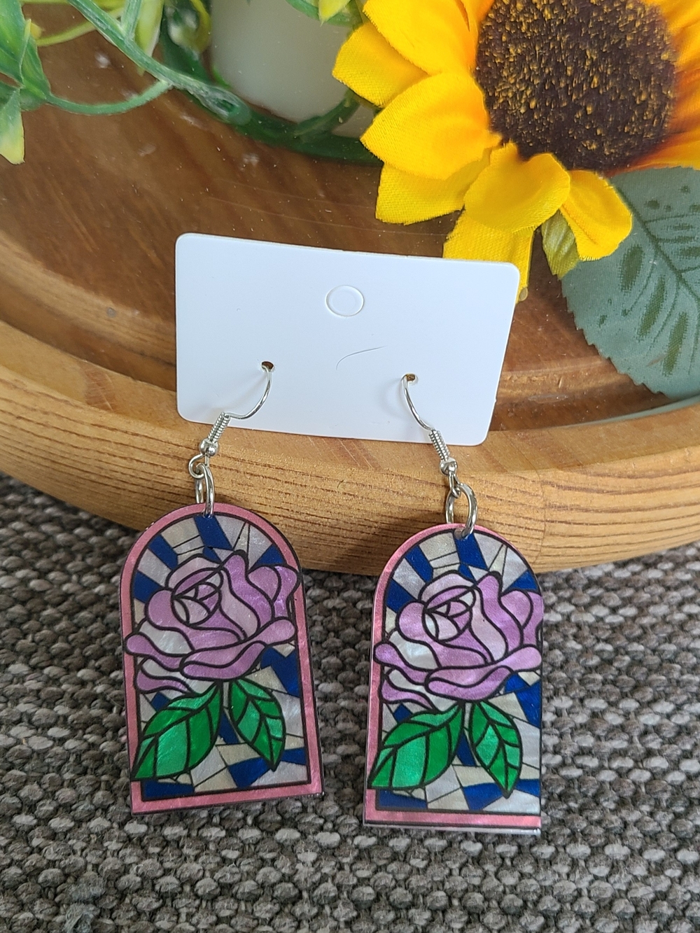Pink Rose Stained-Glass Style Drop Earrings